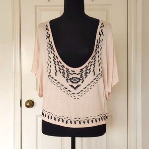 NWOT. 2B Bebe Rayon Spandex Short Sleeve Loose Fit Crop Top w/beads embroidery.